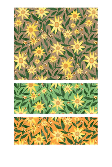 Sunflowers and bees seamless surface patterns for wallpaper, fabric, home decor and art licensing.