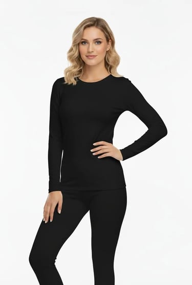 Stylish black thermal base layer set for women's figure skating and winter sports.