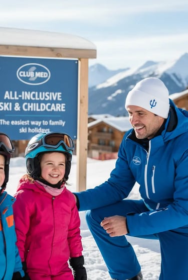 A friendly ski instructor kneeling next to a young girl in a pink jacket in front of a Club Med all-