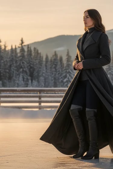 Elegant winter fashion for ice skating: a long wool coat and high boots for a sophisticated outdoor 
