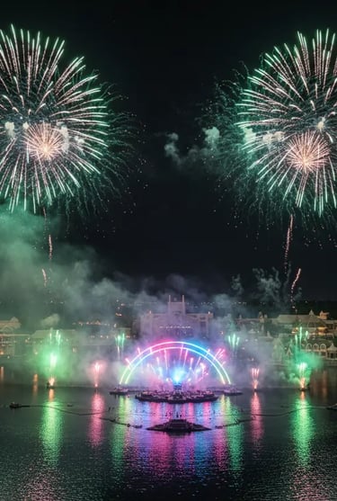 Aerial view of spectacular fireworks reflecting on the water at Epcot during a night helicopter tour
