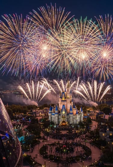 Stunning bird's-eye view of the fireworks display over Cinderella Castle at Disney's Magic Kingdom s