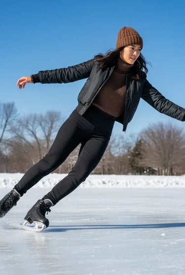 Aesthetic "Clean Girl" skating outfit with a cream puffer jacket and white figure skates on a natura