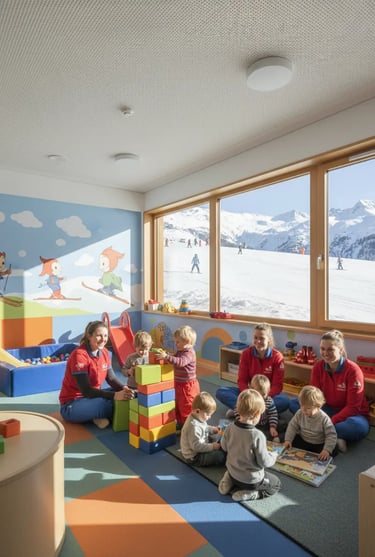 Toddlers playing with building blocks in a modern kids' club with panoramic views of the snowy Alps 