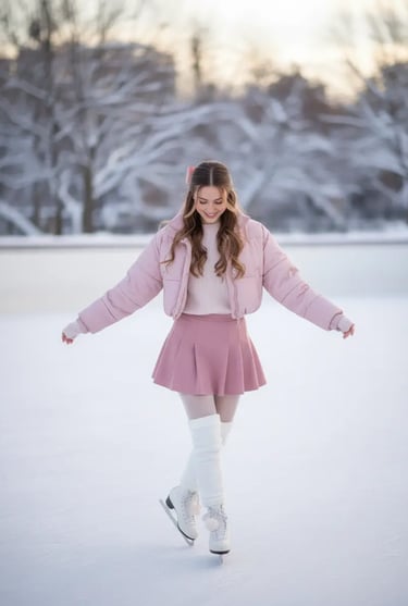Girly winter skating look featuring a pink monochromatic outfit and white figure skates.