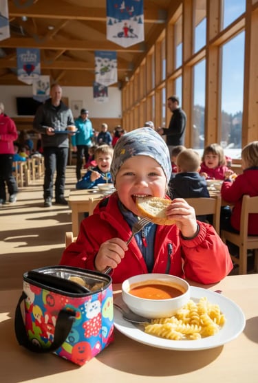A happy young boy enjoying a warm meal in a mountain restaurant with large windows overlooking the s