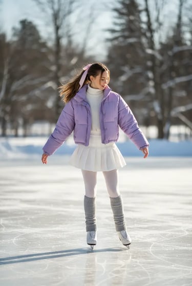 Aesthetic purple puffer jacket and white skirt outfit for figure skating practice.