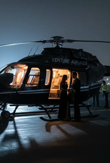 Couple standing next to a luxury helicopter before boarding a romantic night flight over Orlando's t