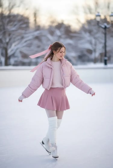 Cute pink "Coquette" style ice skating outfit with a puffer jacket and hair ribbon.