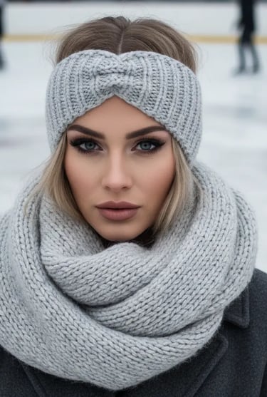 Aesthetic winter accessories for skating featuring a chunky knit grey headband and scarf set.
