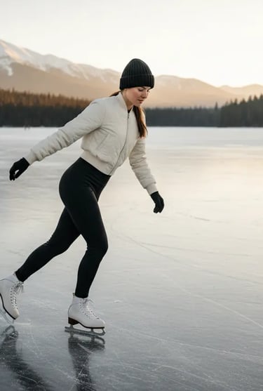 Professional ice skating practice outfit with a black puffer jacket and thermal layers for cold weat