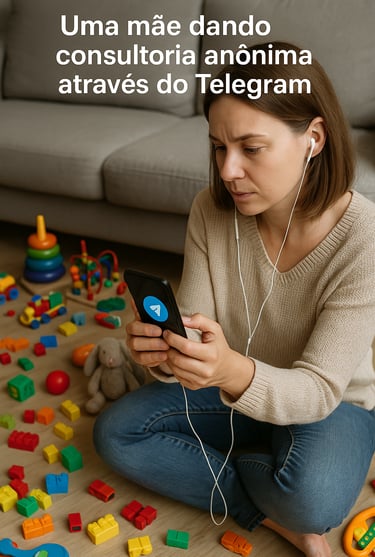 mãe-dando-uma-consultoria-anonima-atraves-telegram-sala-cheia-brinquedo-espalhado