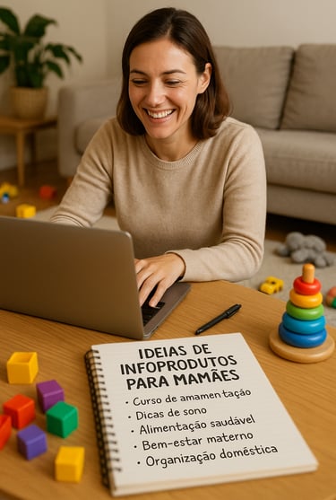 mãe-trabalhando-satisfeita-feliz-notebook-caderno-varios-escritos-ideias-infoprodutos-mamaes-sala-ch