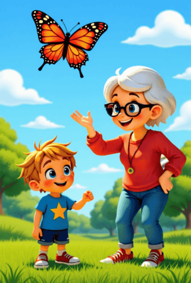 Nanny and Alvey look at a butterfly