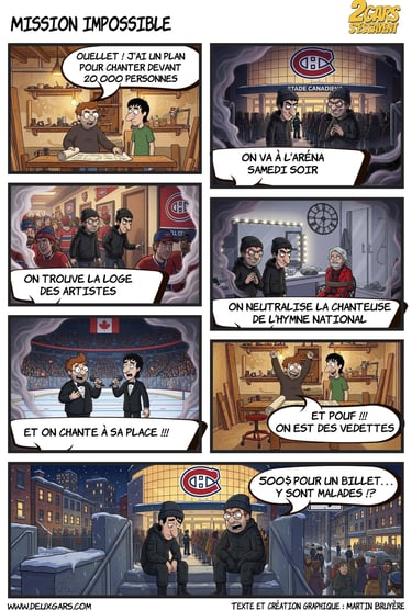 Comic strip about a plan to sing the national anthem at a Montreal Canadiens hockey game at the arena.