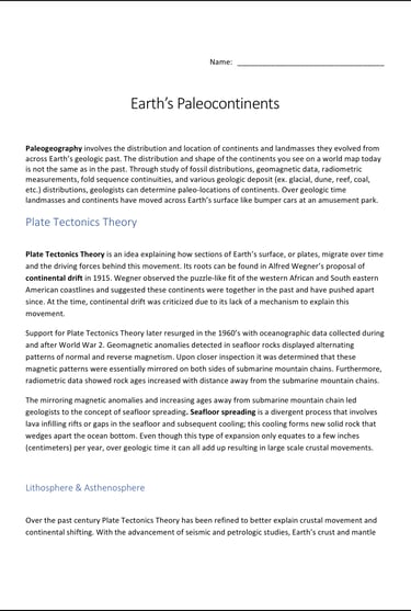 Earth's Paleocontinents lab activity first page preview
