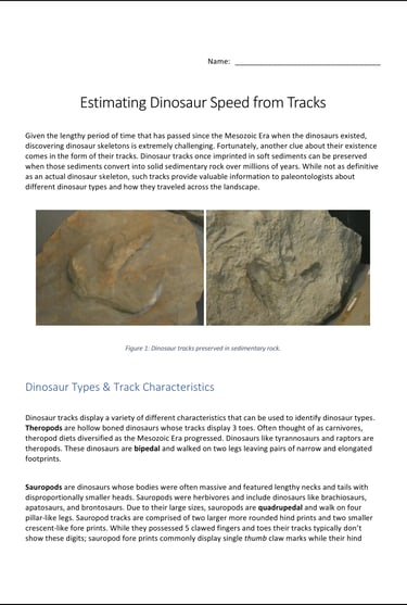 Estimating Dinosaur Speed from Tracks lab activity first page preview