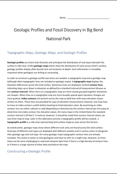 Geologic Profiles and Fossil Discovery in Big Bend National Park lab activity first page preview