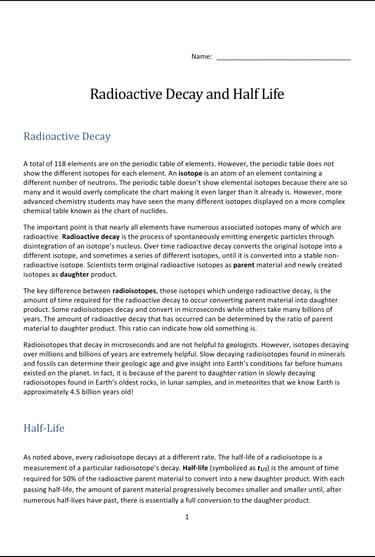 Radioactive Decay and Half Life lab front page