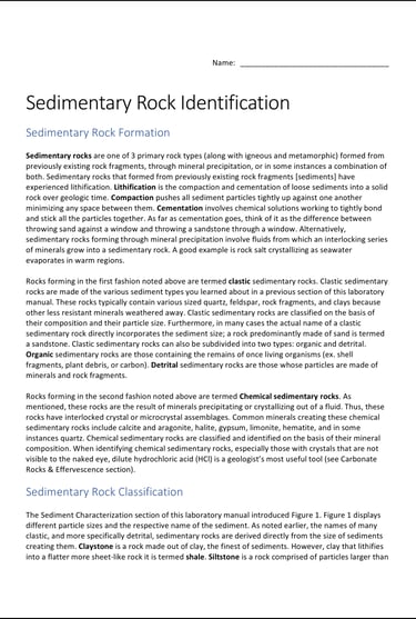 Sedimentary Rock Identification lab front page