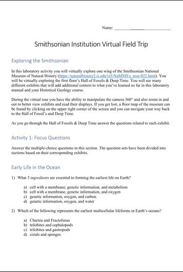 Smithsonian Institution Virtual Field Trip lab activity first page preview