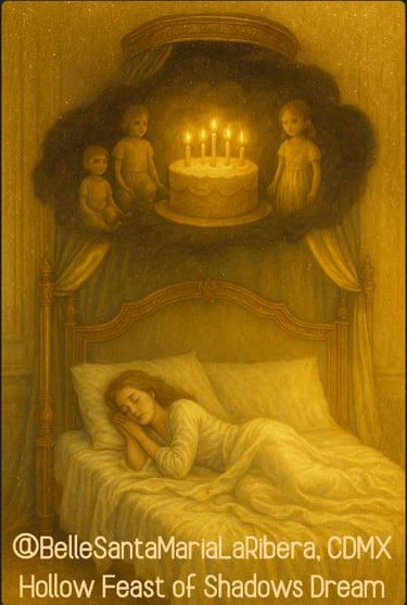 dark cloud above showing a glowing birthday cake surrounded by clay-like children. belle.com.mx