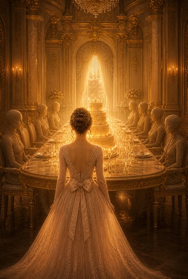 elegant woman with golden dress in front of a golden table set with a golden cake, golden chandelier above