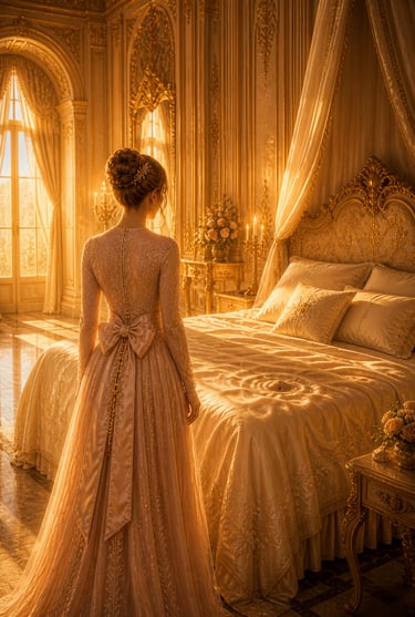 Elegant woman standing in front of a bed with glowing windows in the background and gold tones part of the Belle Dream Series