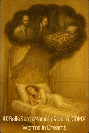 golden canopy bed with a dark cloud above showing worms, a doctor, and a woman on the phone