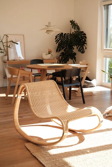 Cozy balcony reading corner with comfortable outdoor chair, small side table, warm lighting, plants,