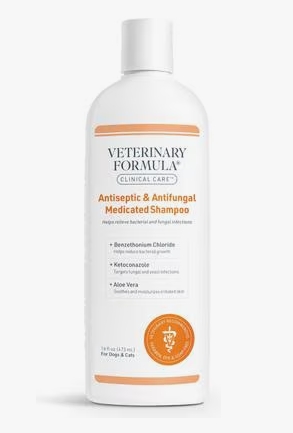 a bottle of veterinary fromula antiseptic and antifungal shampoo