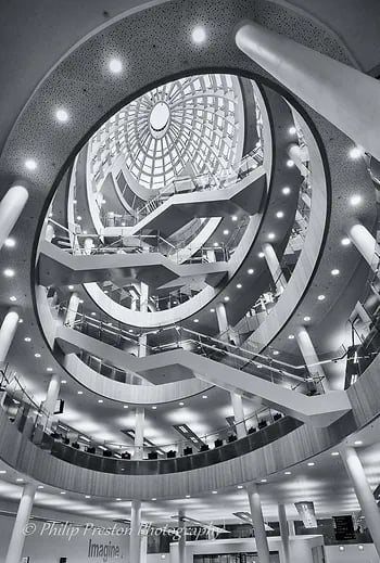 Modern architecture interior atrium of Liverpool Central Library, Liverpool, UK