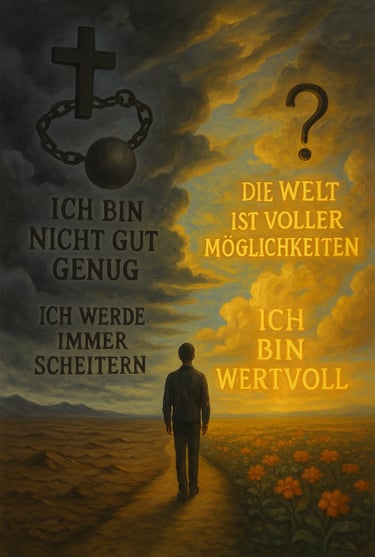 Eine Person geht mit unterschiedlichen Glaubenssätzen durch das Leben.