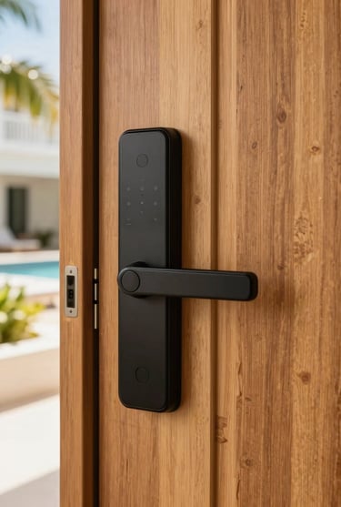 Tight detail shot of a modern matte black smart lock installed on a pristine hardwood condo door in Punta Cana, bright warm sunlight.
