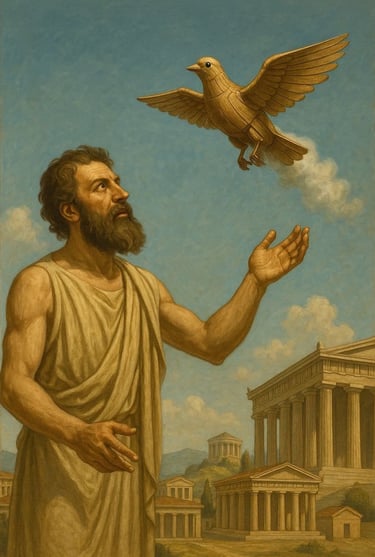 Representação de Arquitas e seu pombo mecânico