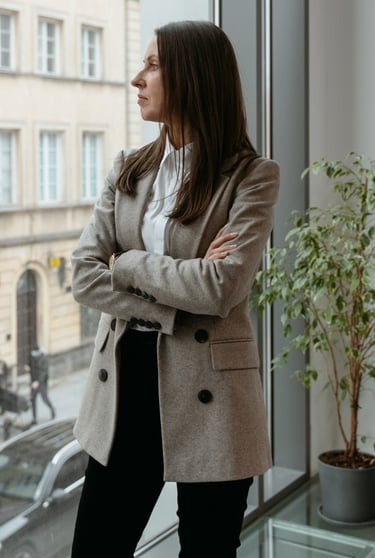 Rongzhiyue: Woman in blazer looking out window