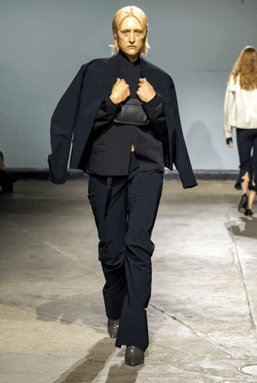 Johanna Parv black layered suit look at London Fashion Week 2026 runway.