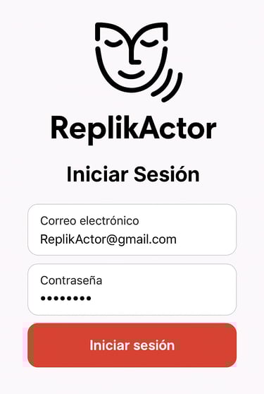 un captura de pantalla de como es la interfaz de ususario de ReplikActor en inicio de sesión