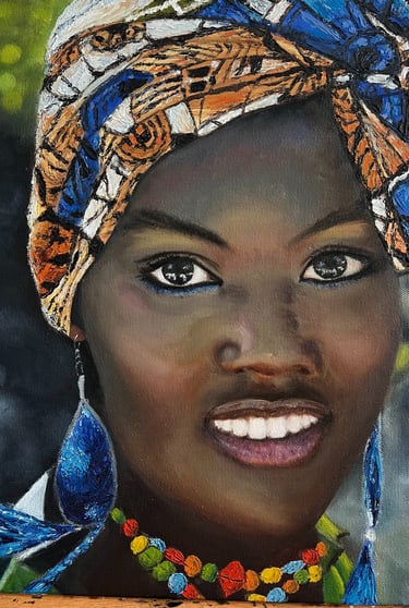 a painting of an afro-american woman with a colorful head scarf