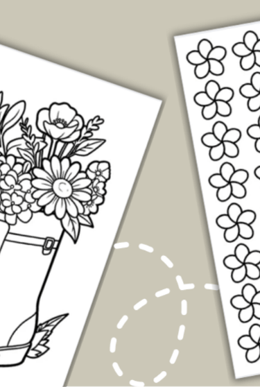Printable spring coloring pages featuring a garden gnome, floral boots, and a butterfly watering can.