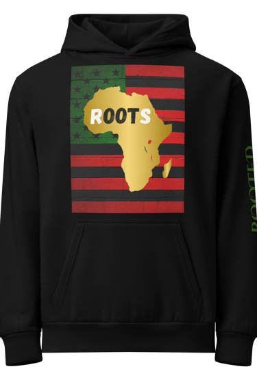 Black hoodie featuring a Pan-African flag design with a gold Africa map and Roots text.