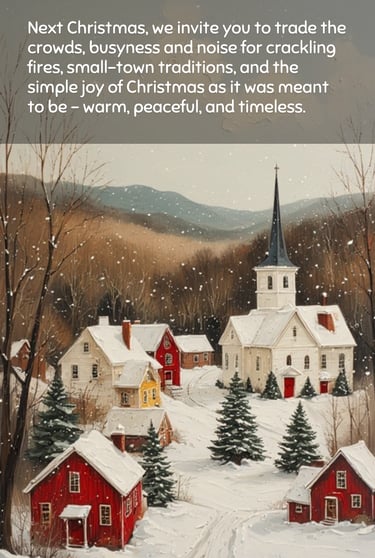 a Christmas scene in a quaint village with a church and a steeple.