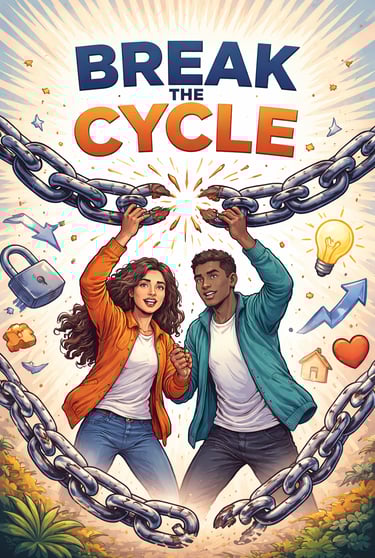 Inspirational illustration of a couple breaking metal chains with the text Break the Cycle for empowerment.