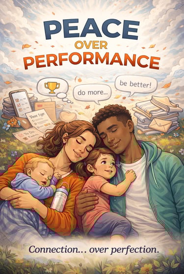 Inspirational illustration of a peaceful family cuddling in a meadow with the text Peace Over Performance.