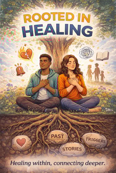 A couple meditates under a tree for emotional healing and trauma recovery from past stories and triggers.
