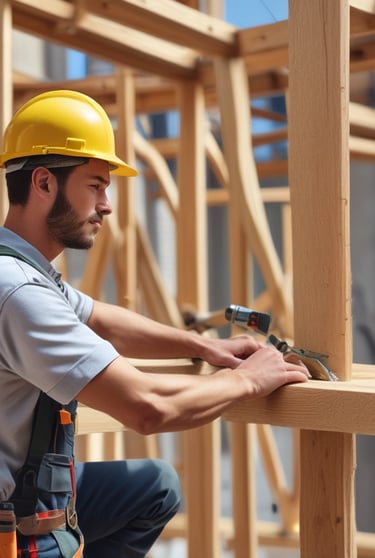 A flat wooden surface hosts a collection of metal hardware items, including a shiny chrome wrench, several bolts, nuts, and washers. The arrangement exhibits an orderly yet casual layout, with natural wood grain patterns visible in the background.