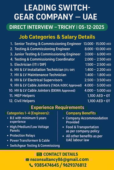 Leading switchgear company UAE direct interview Trichy 05-12-2025