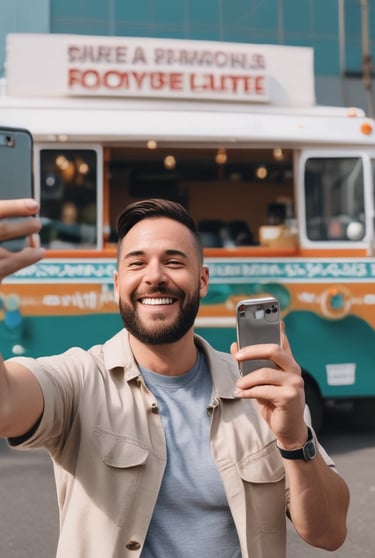 A colorful food truck is parked in an outdoor area. It features vibrant graphics of food items like tacos and burritos, with a cartoon character on the side. The truck is advertising catering services with a phone number displayed. Behind the truck, there's signage for a tire shop, and the background includes a building and leafless trees.