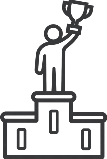 A black and white line icon of a person standing on a winner's podium holding a trophy cup for success.