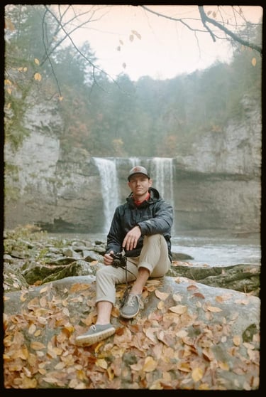 Photo by Lucas Wiman on film of Nate Bowery camera in hand at Fall Creek Falls State Park.